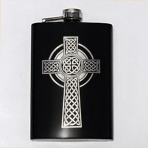 Black Celtic Cross Engraved Flask